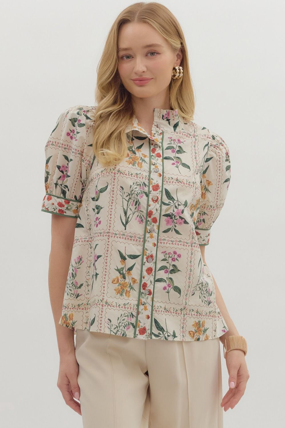 Entro Floral Print Ruffle Neck Top- Ecru