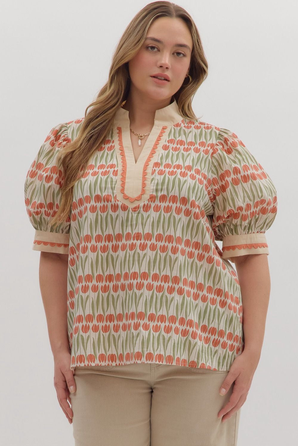 Entro Floral Pattern Puff Sleeve Top- Ecru