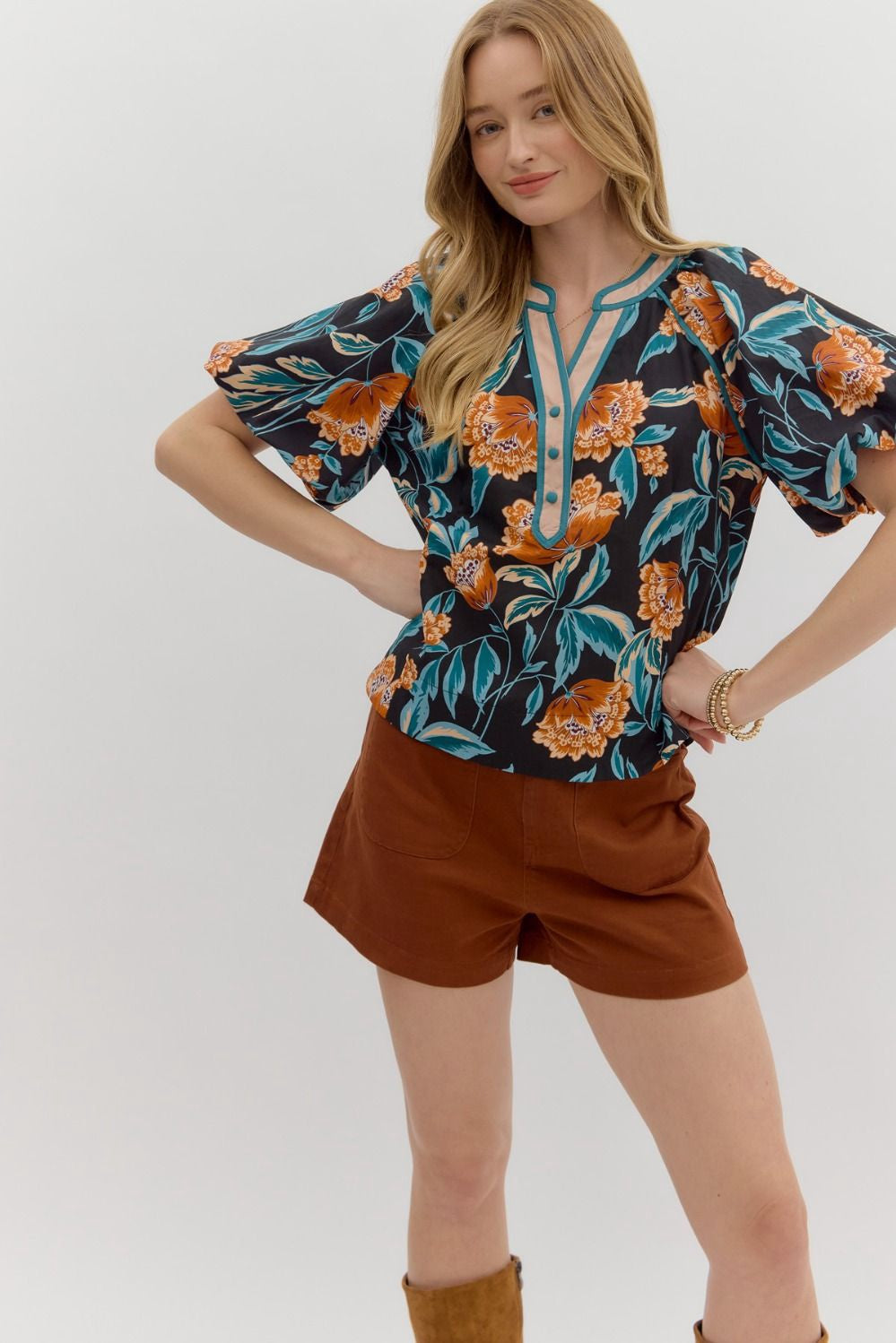 Entro Black Floral Short Bubble Sleeve  Top