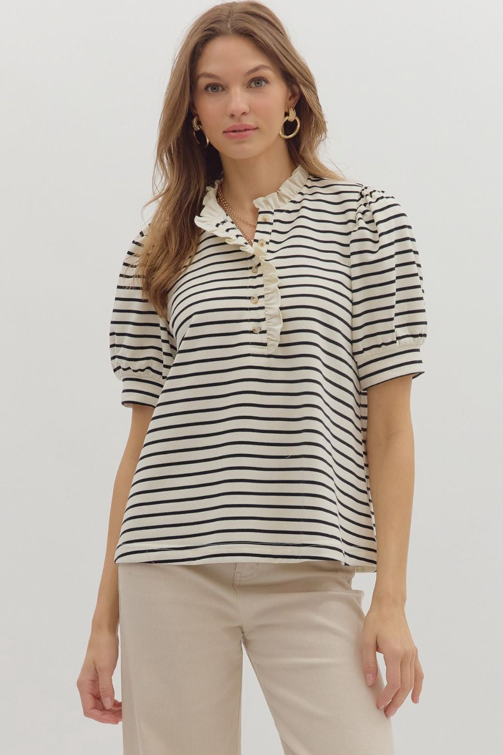 Entro Striped Puff Sleeve Top- Cream/ Black