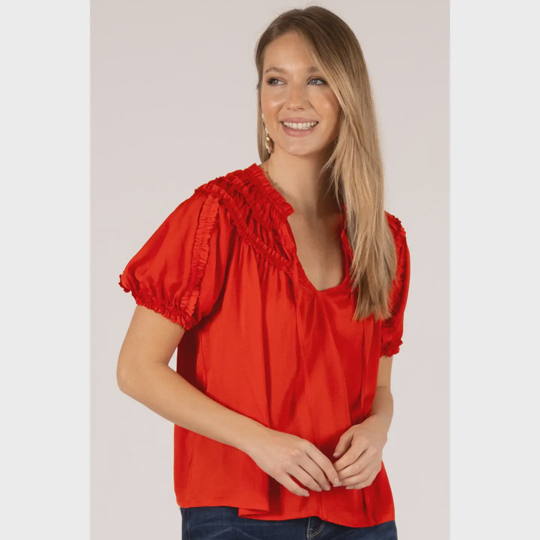 P. Cill Red Silky Satin Ruffle Trim Short Sleeve Top