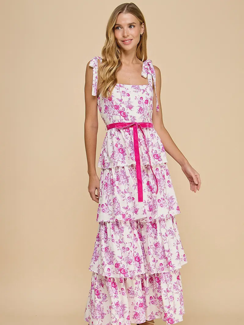 TCEC Floral Print Tiered Adjustable Straps Midi Dress- Pink