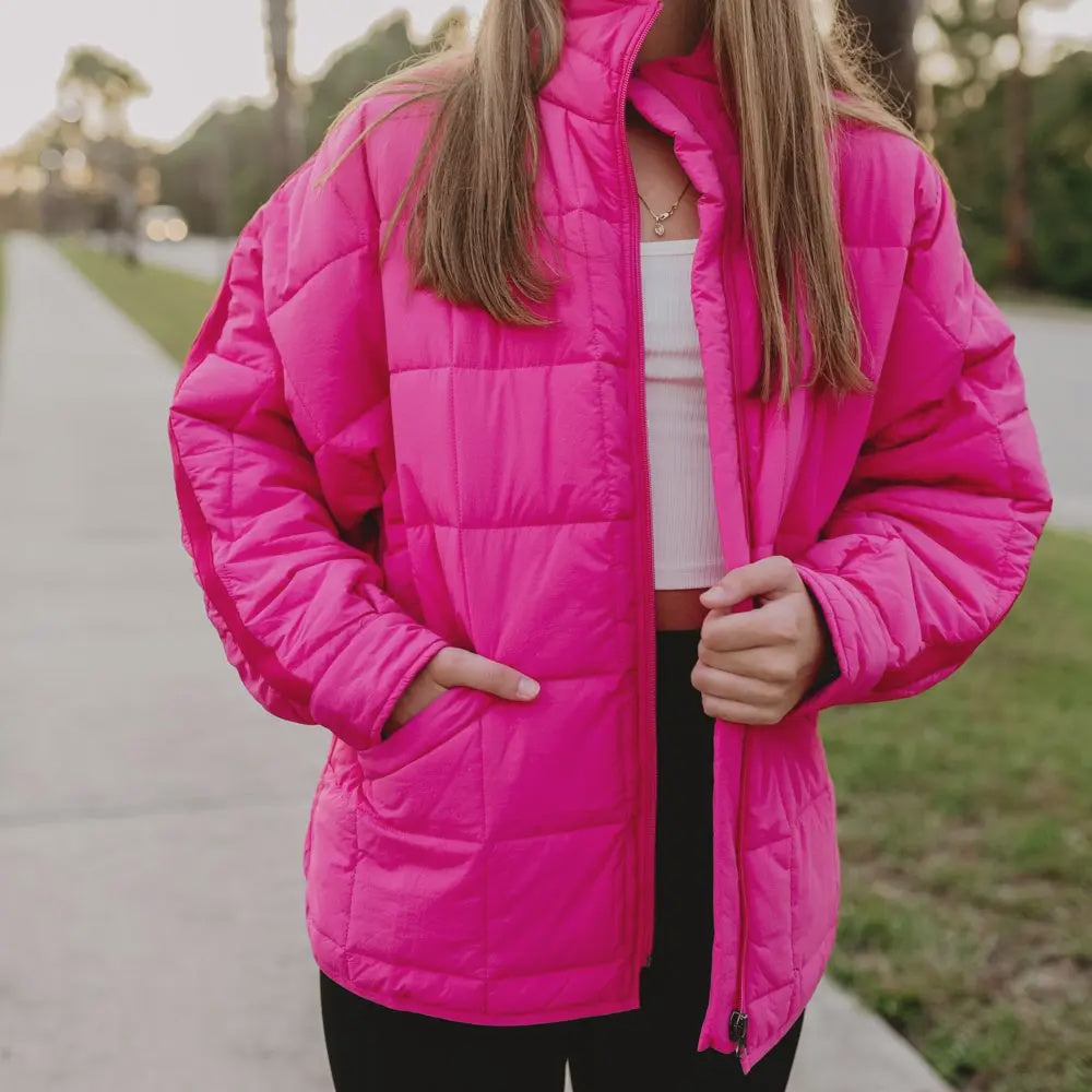 Katydid Hot Pink Lightweight Quilted Squares Zipper Jacket