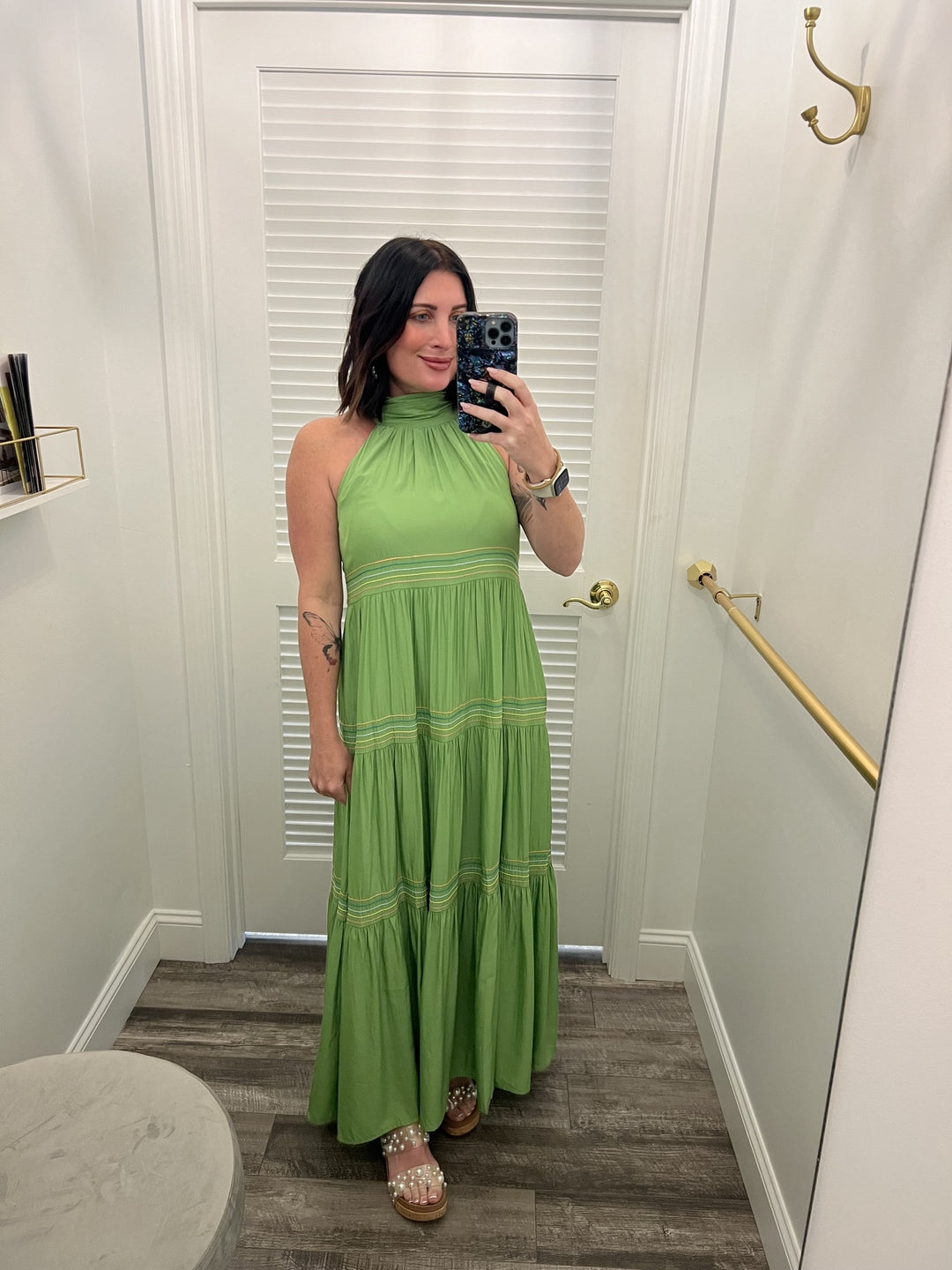 Jade Grass Cinched Neck Halter Maxi Dress