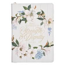 Christian Art Gifts Strength and Dignity Blush Magnolia Faux Leather Journal - Proverbs 31:25