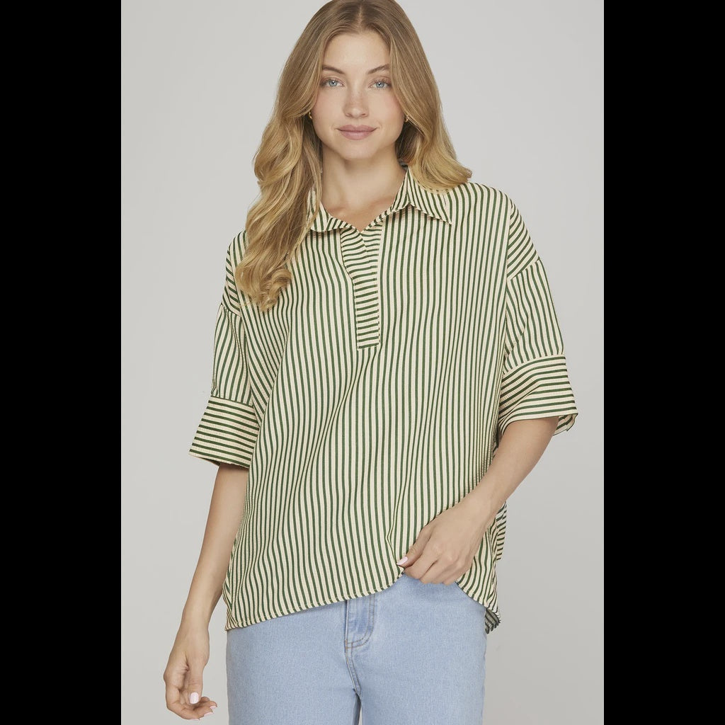 She + Sky Oversized Stripe Top- Sea Green