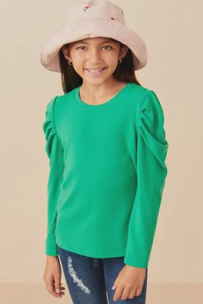 Hayden Girls Pleated Puff Shoulder Knit Top- Green