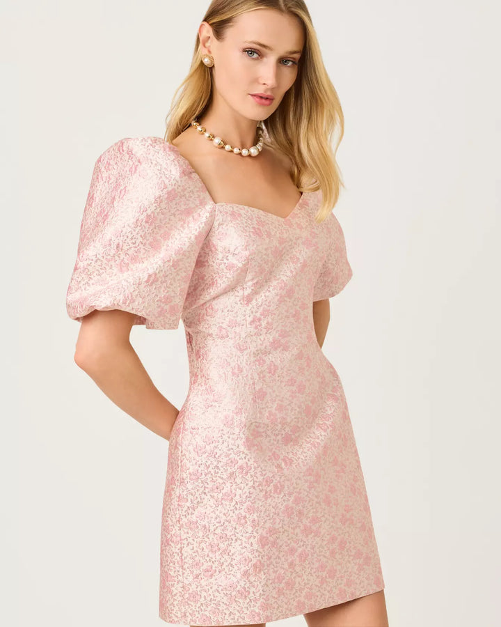 Lilly Pulitzer Justina Pink Metallic Brocade Puff Sleeve Skirted Romper