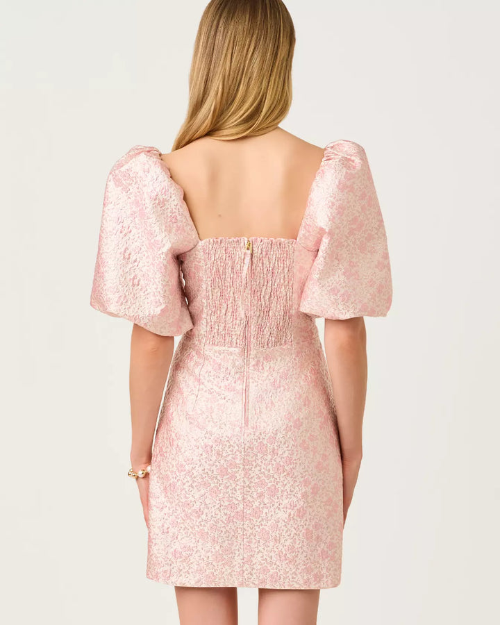 Lilly Pulitzer Justina Pink Metallic Brocade Puff Sleeve Skirted Romper