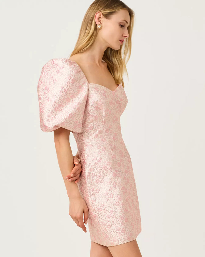 Lilly Pulitzer Justina Pink Metallic Brocade Puff Sleeve Skirted Romper