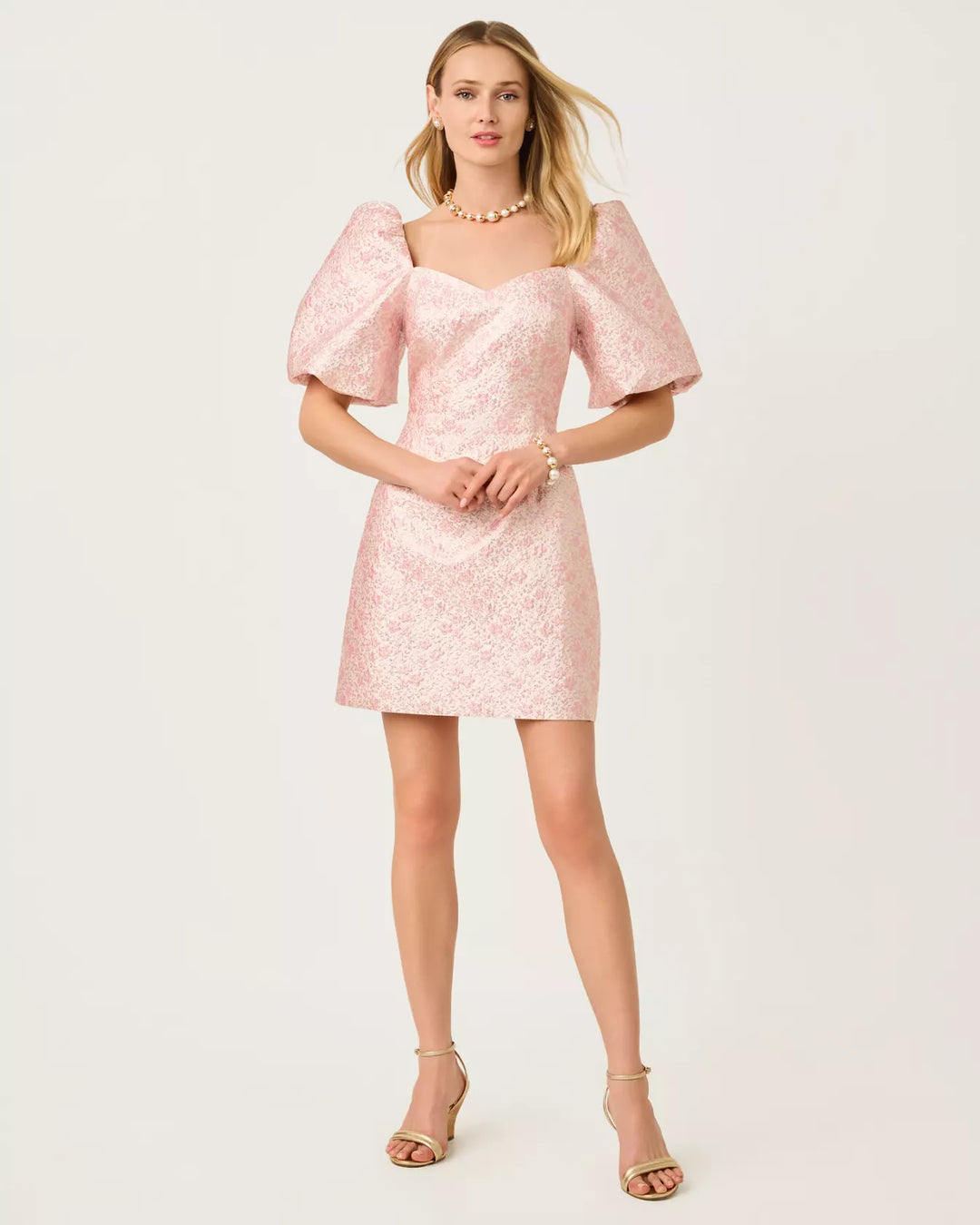 Lilly Pulitzer Justina Pink Metallic Brocade Puff Sleeve Skirted Romper