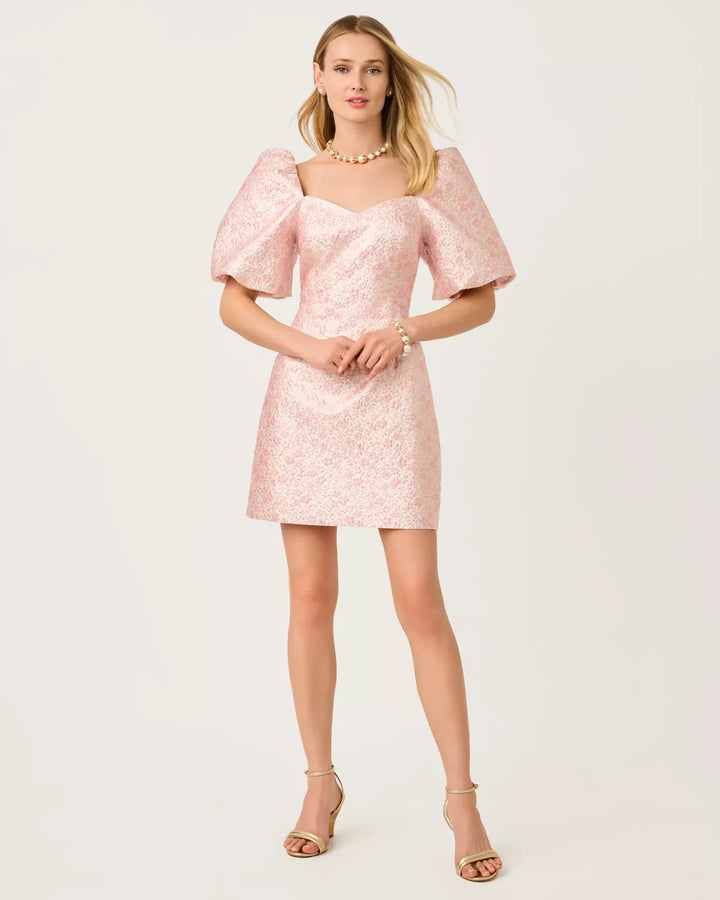 Lilly Pulitzer Justina Pink Metallic Brocade Puff Sleeve Skirted Romper
