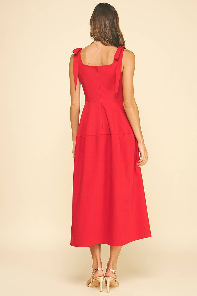 Pinch Ribbon Detailed Sleeve Midi Dress- Red
