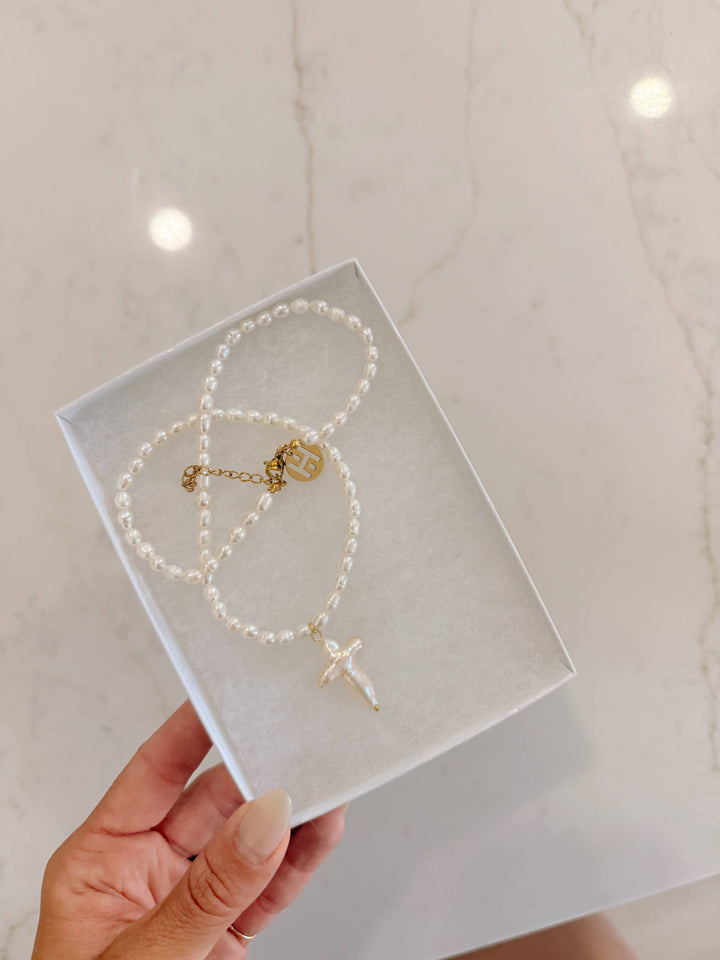Hoo Hoops Mother of Pearl Cross Necklace