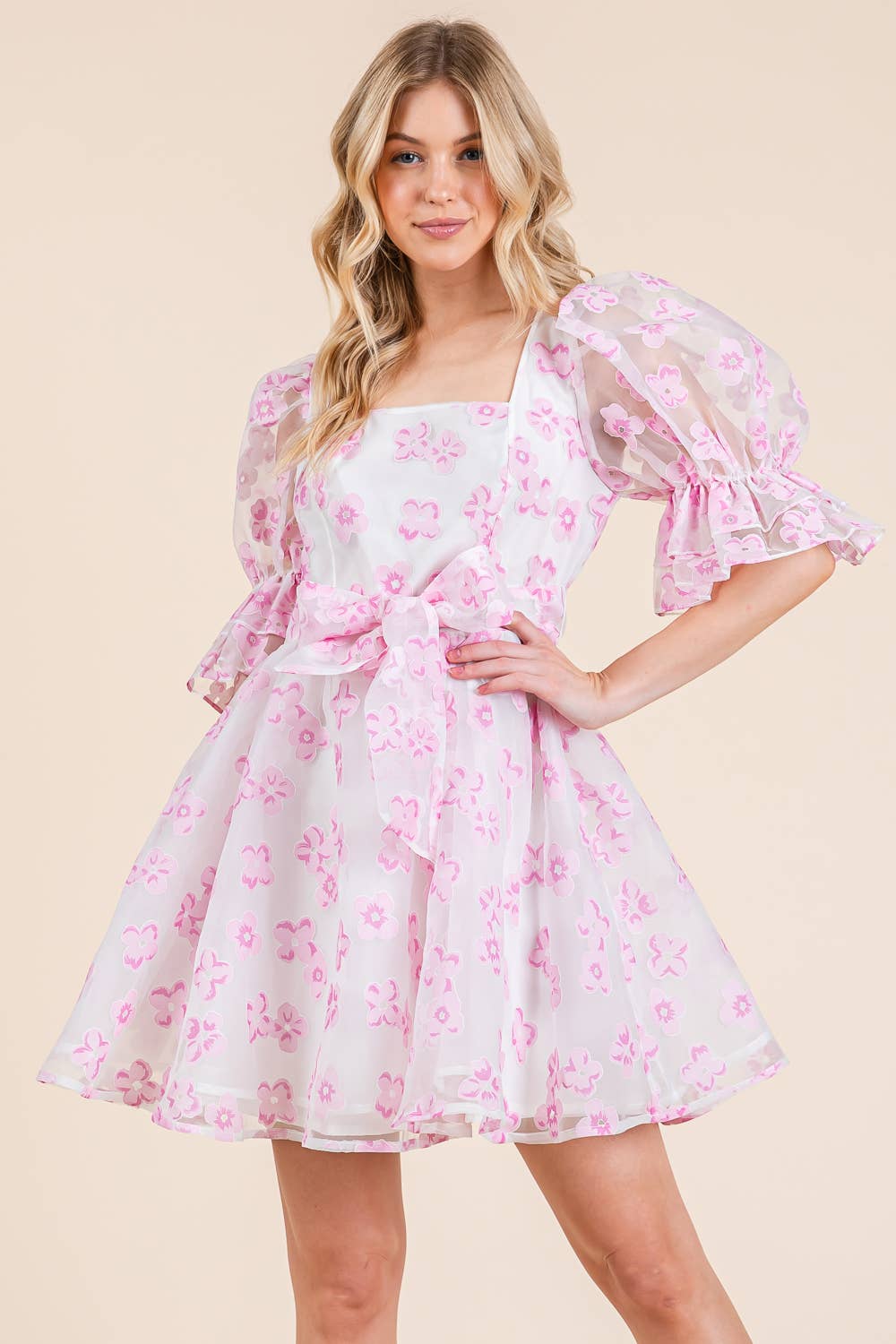 Pink Floral Organza Fit & Flare Mini Dress