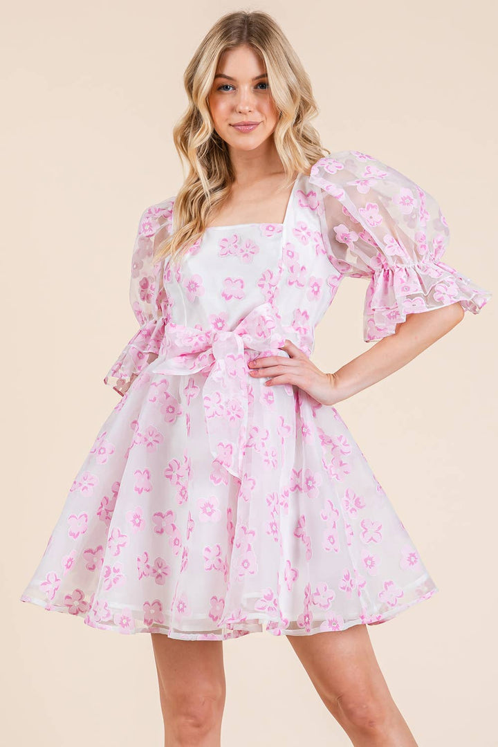 Pink Floral Organza Fit & Flare Mini Dress