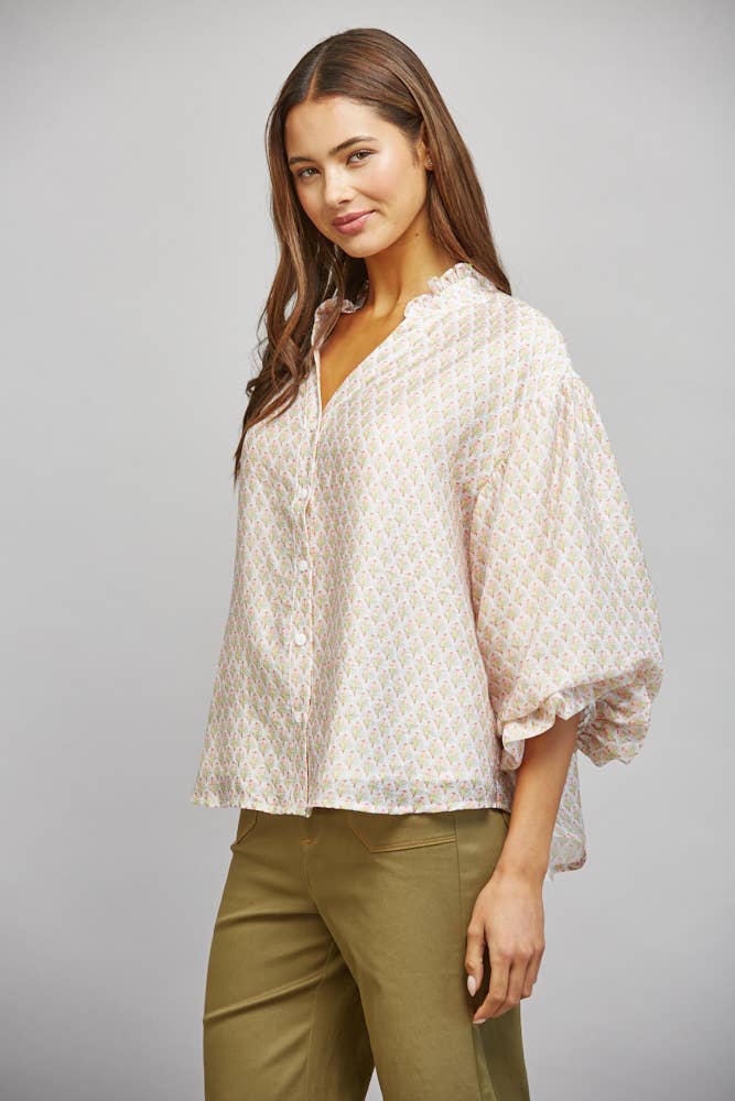 FLORAL BLOCK PRINT TENCEL BLEND RUFFLE BLOUSE FT21343