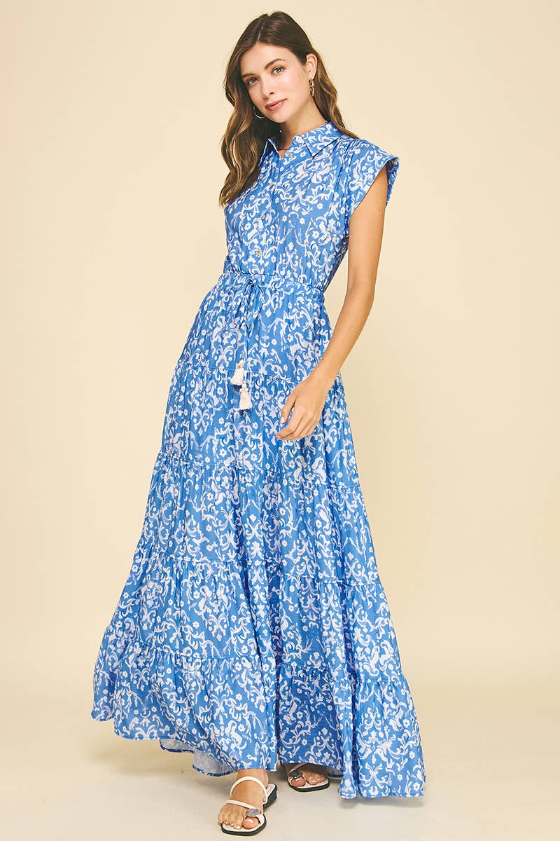 Pinch Damask Print Tiered Maxi Dress