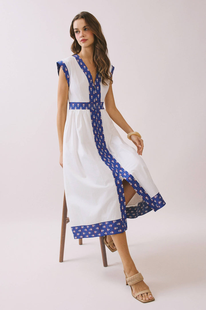 TCEC Contrast Printed Trim Midi Dress