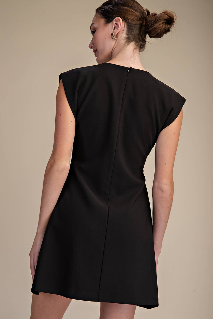 Glam Black Round Neck Pleated Midi Dress