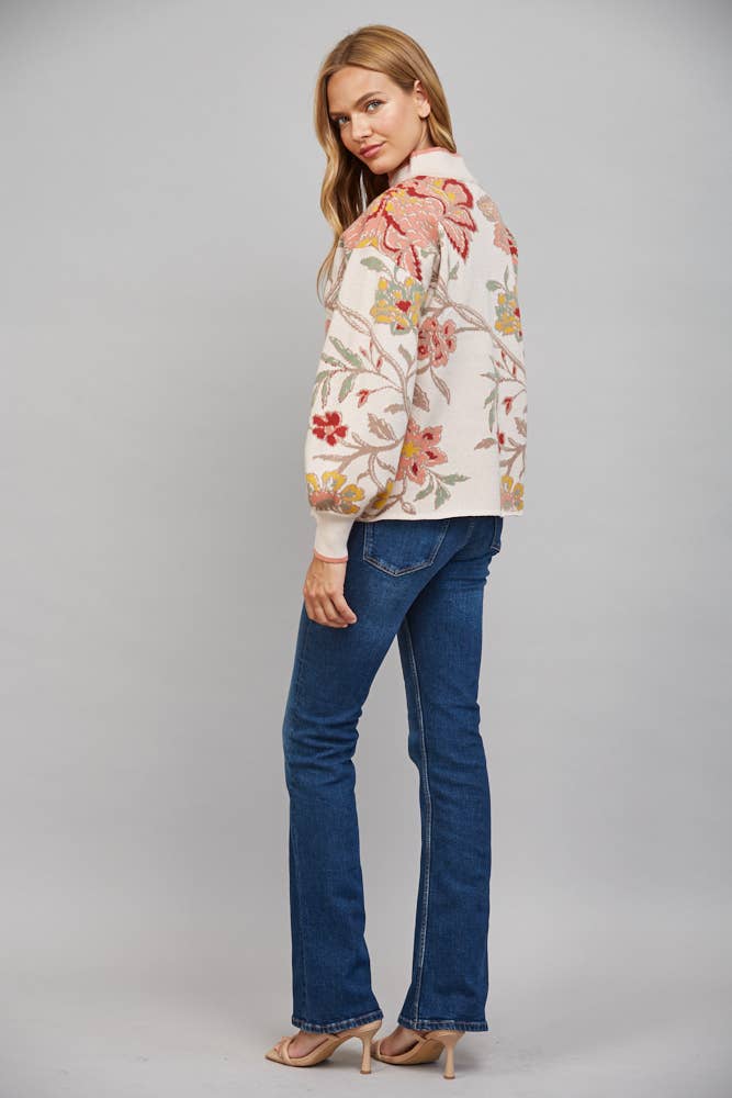 FLORAL PATTERN JACQUARD KNIT MOCK NECK SWEATER FW10926