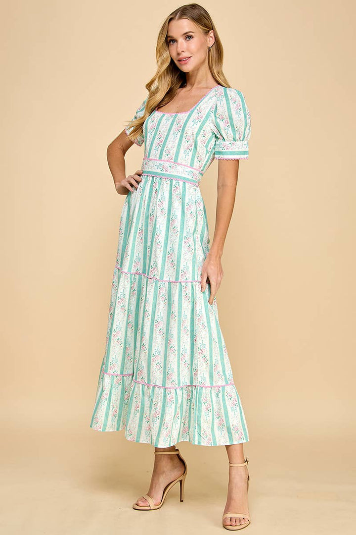 Striped Floral Cinched Waist Midi Dress