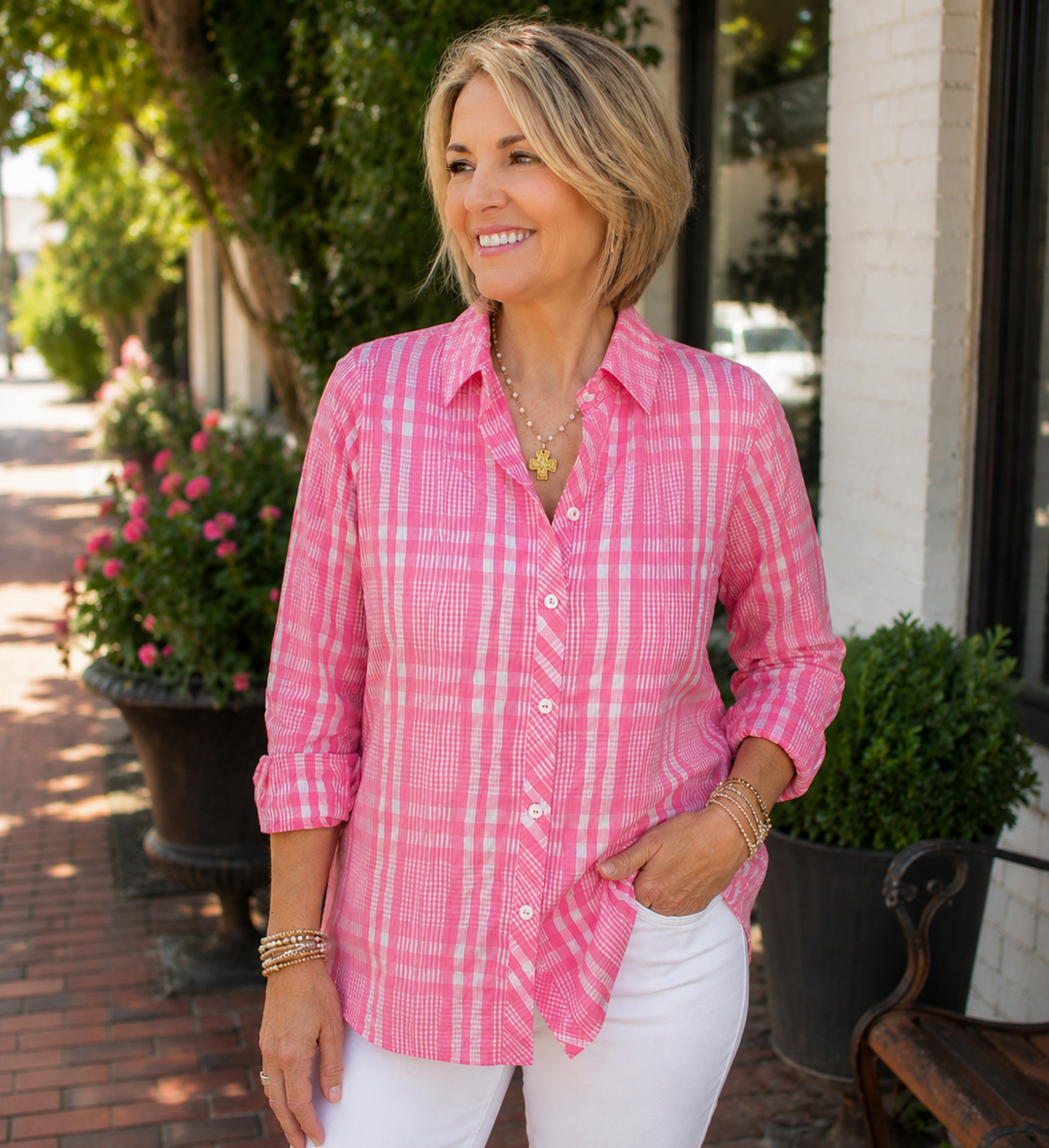 Foxcroft Journey LS Tonal Plaid Button Down Top-Pink Sky