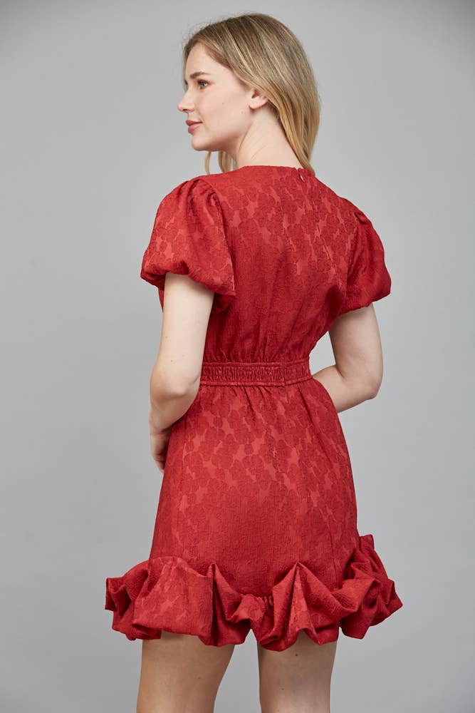 Fate Jacquard Fabric Short Puff Sleeve Ruffle Dress- Red