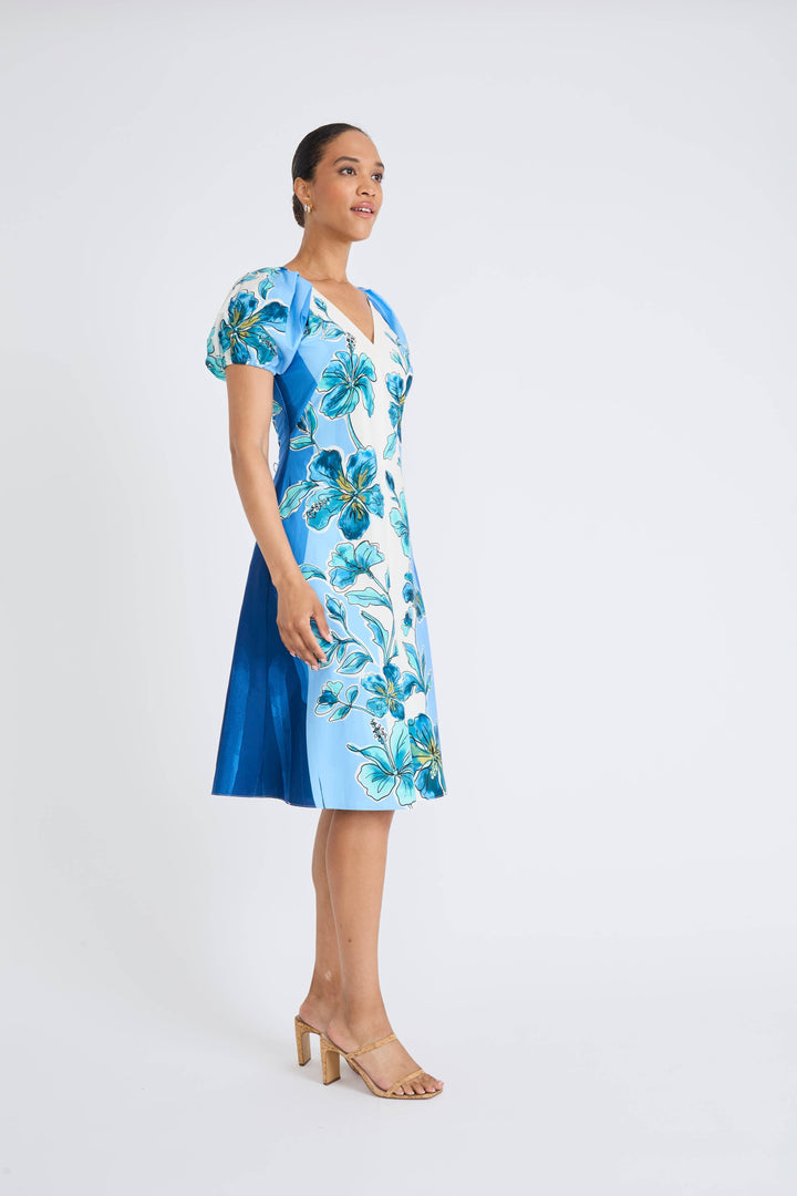 Maggy London Deep Blue/Aqua V-Neck Midi Dress