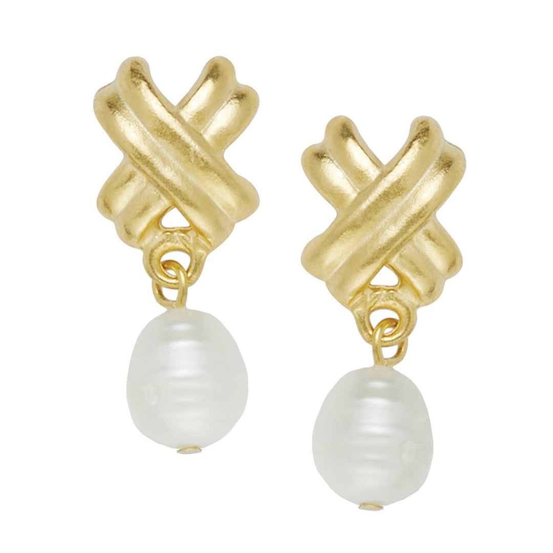Susan Shaw Gold Small X's with Freshwater Pearl Earrings