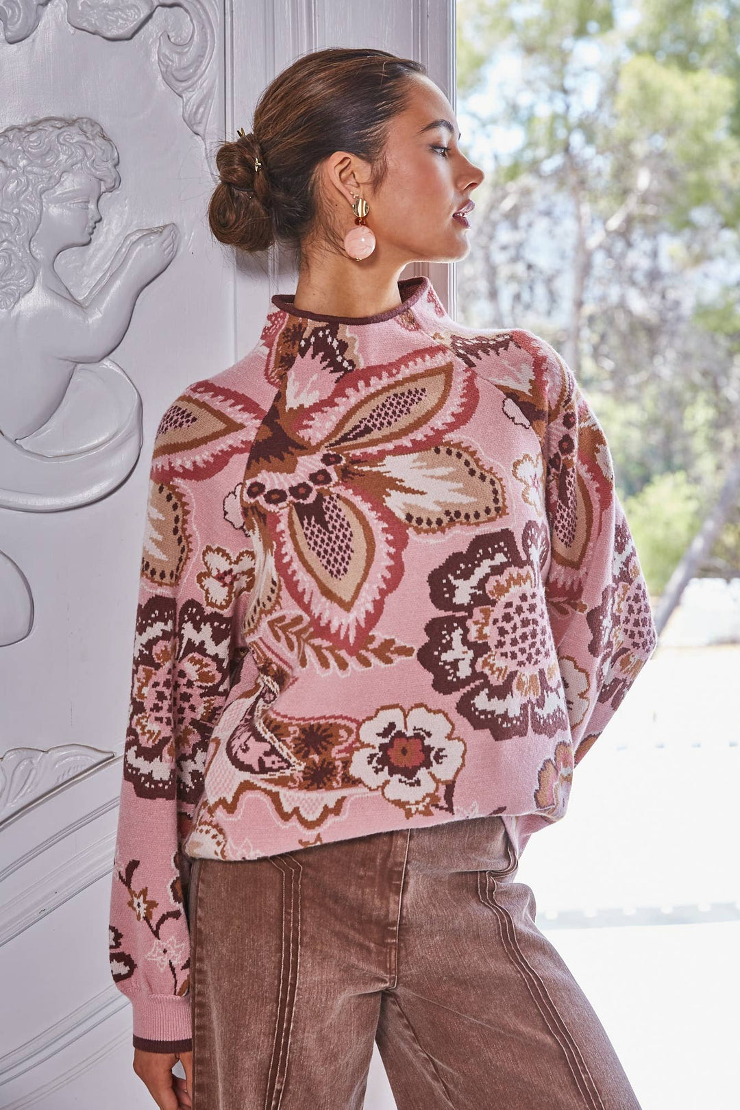 Fate Bold Floral & Paisley Pattern Funnel Neck Sweater