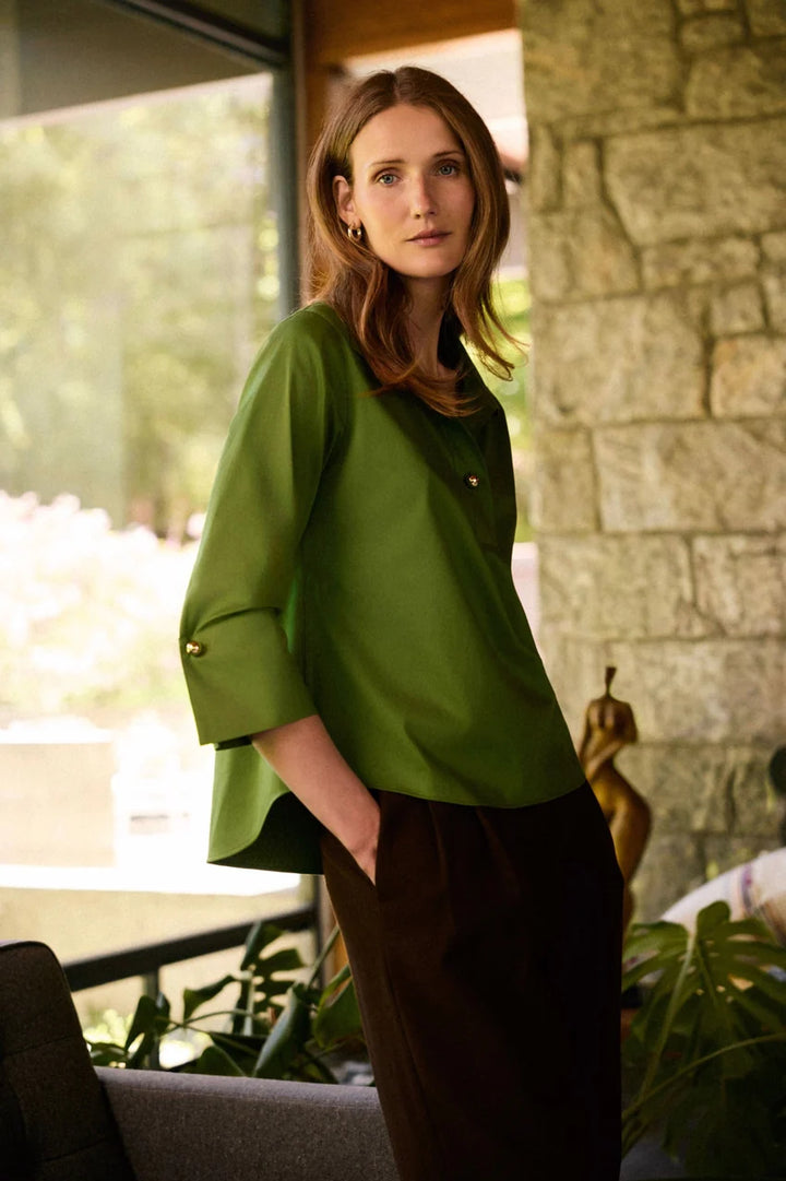 Foxcroft Moss Catalina Stretch Matte Sateen 3/4 Sleeve Popover Shirt