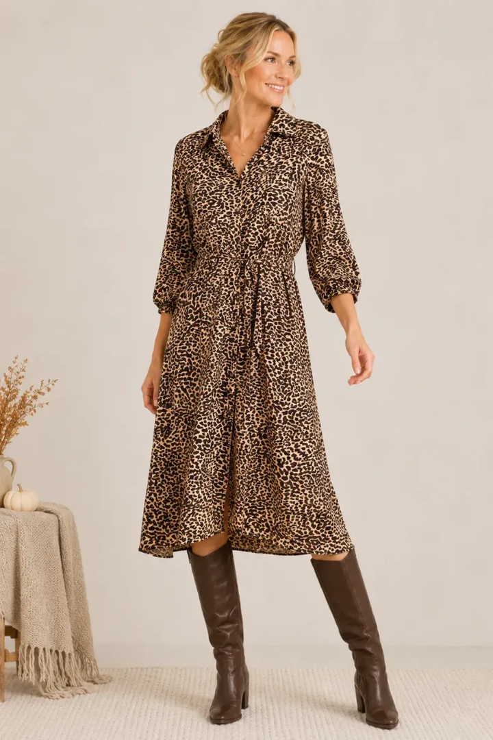 LINIQUE ANIMAL BUTTON DOWN SELF SASH MIDI