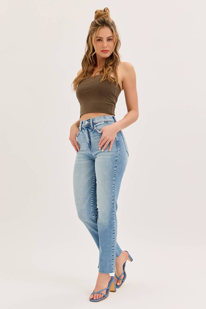 Cello High Rise Crop Straight Medium Denim Jeans