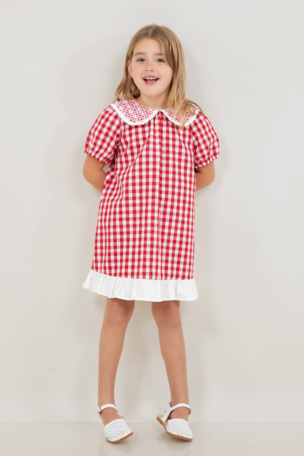 VOY Children’s Collared Plaid Print Puff Sleeve Dress