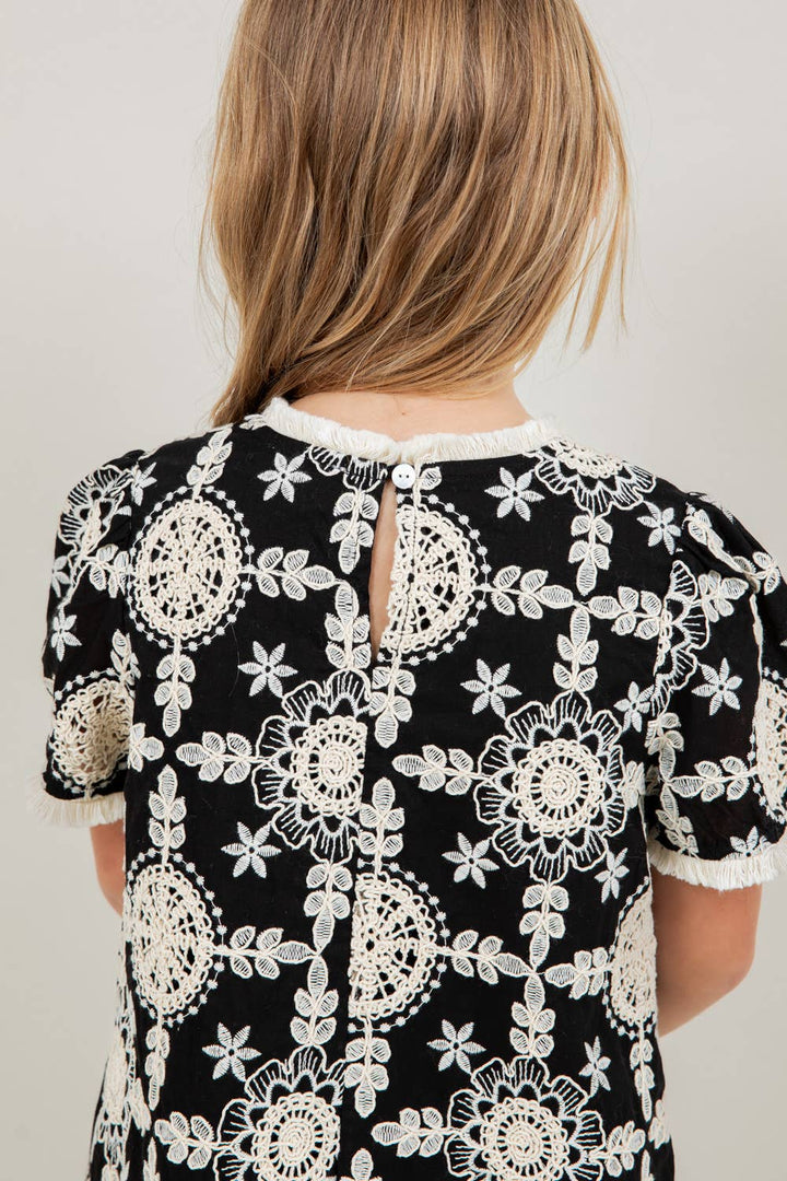 VOY Children’s Floral Embroidered Short Sleeve Dress- Black and Cream