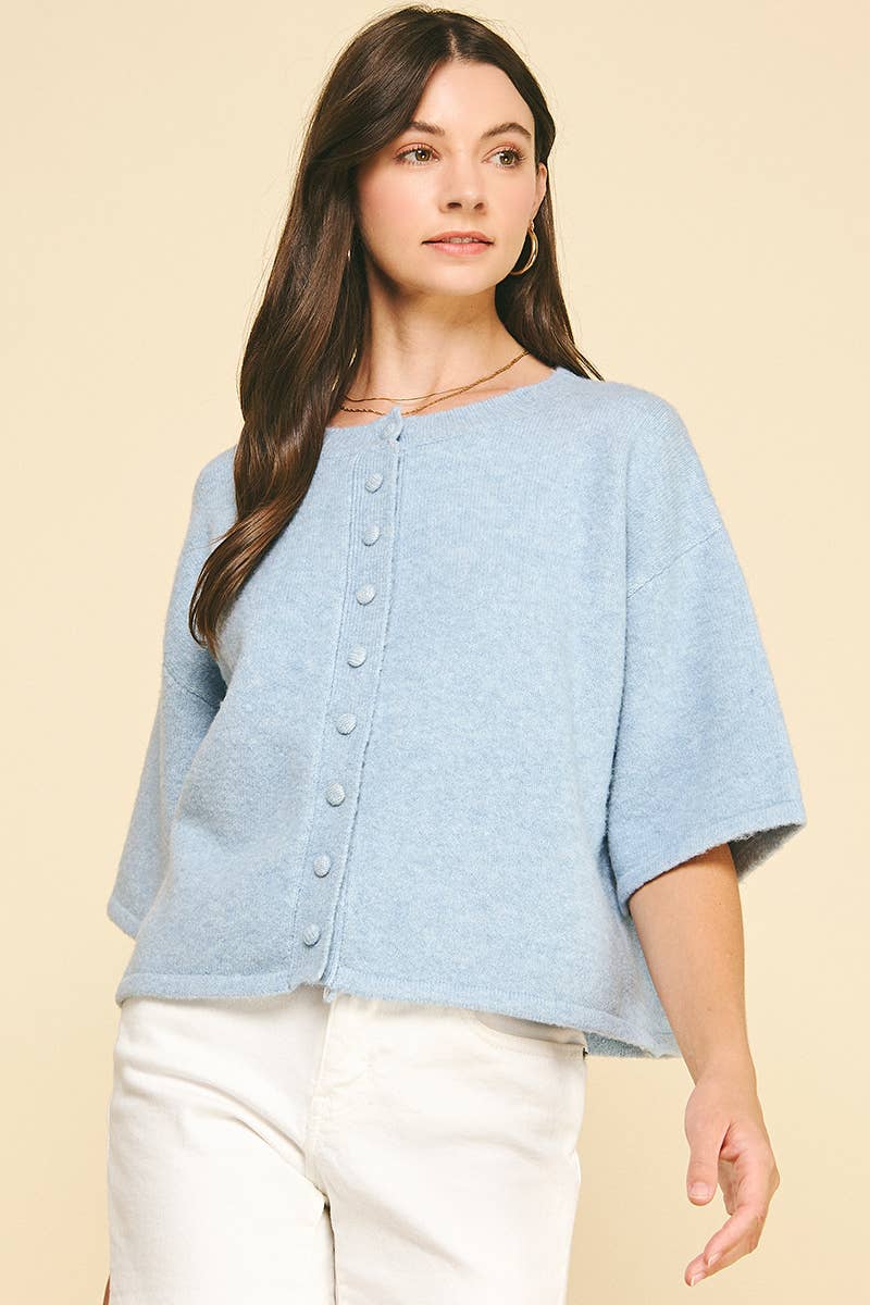 Pinch Button Down Short Sleeve Sweater