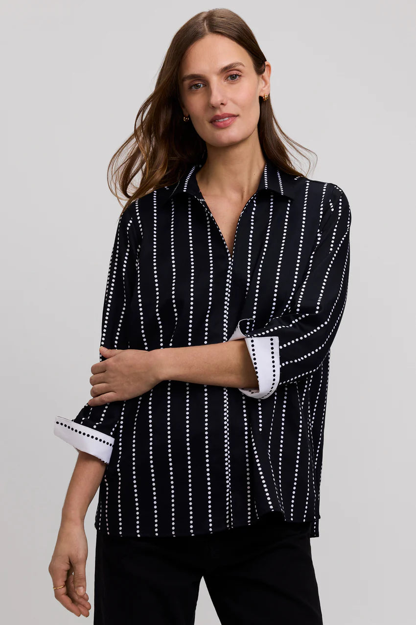 Foxcroft Agnes Black/White Stripe Dotted Stripe 3/4 Sleeve Shirt