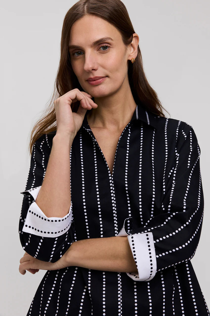 Foxcroft Agnes Black/White Stripe Dotted Stripe 3/4 Sleeve Shirt
