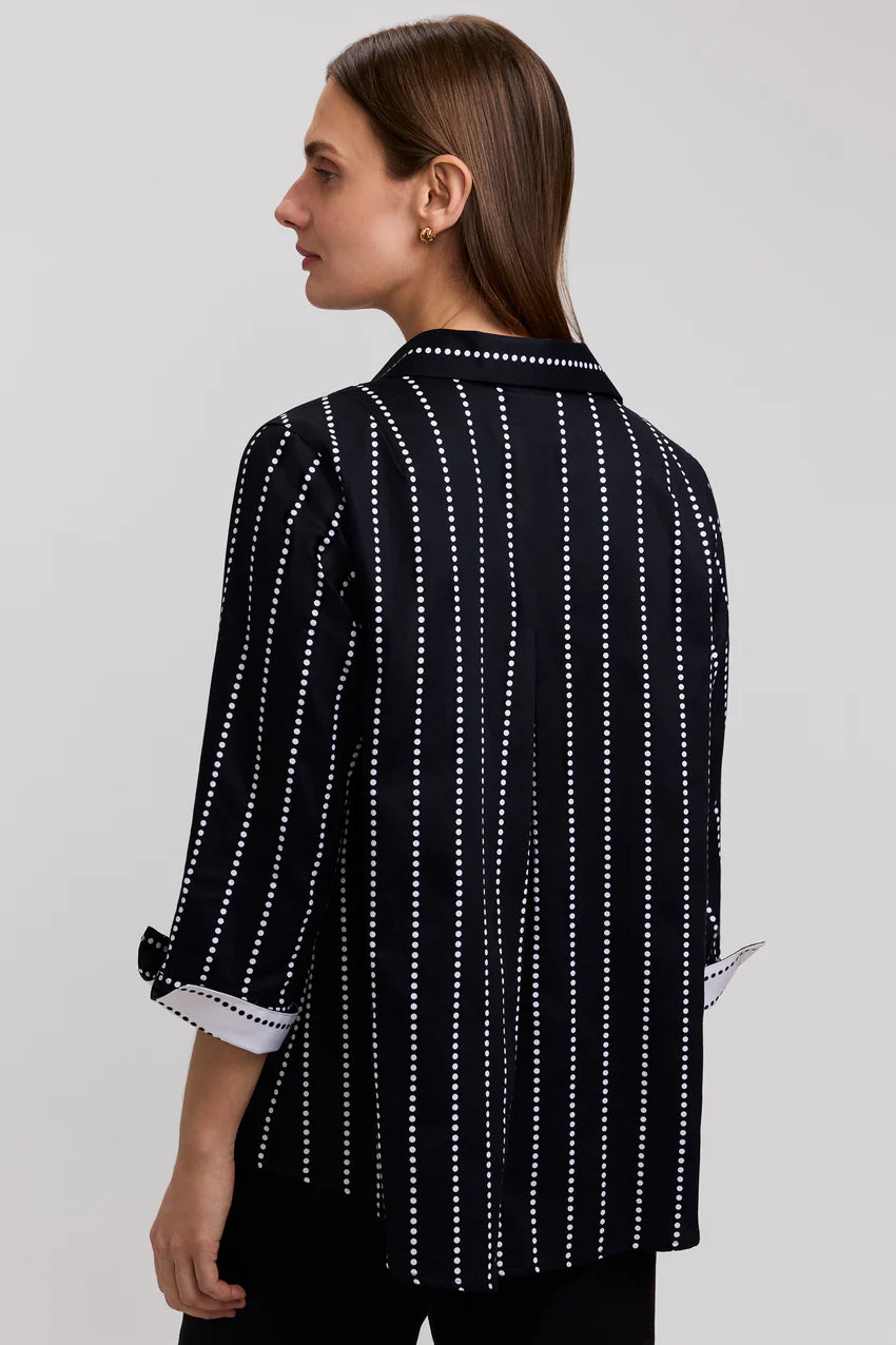 Foxcroft Agnes Black/White Stripe Dotted Stripe 3/4 Sleeve Shirt