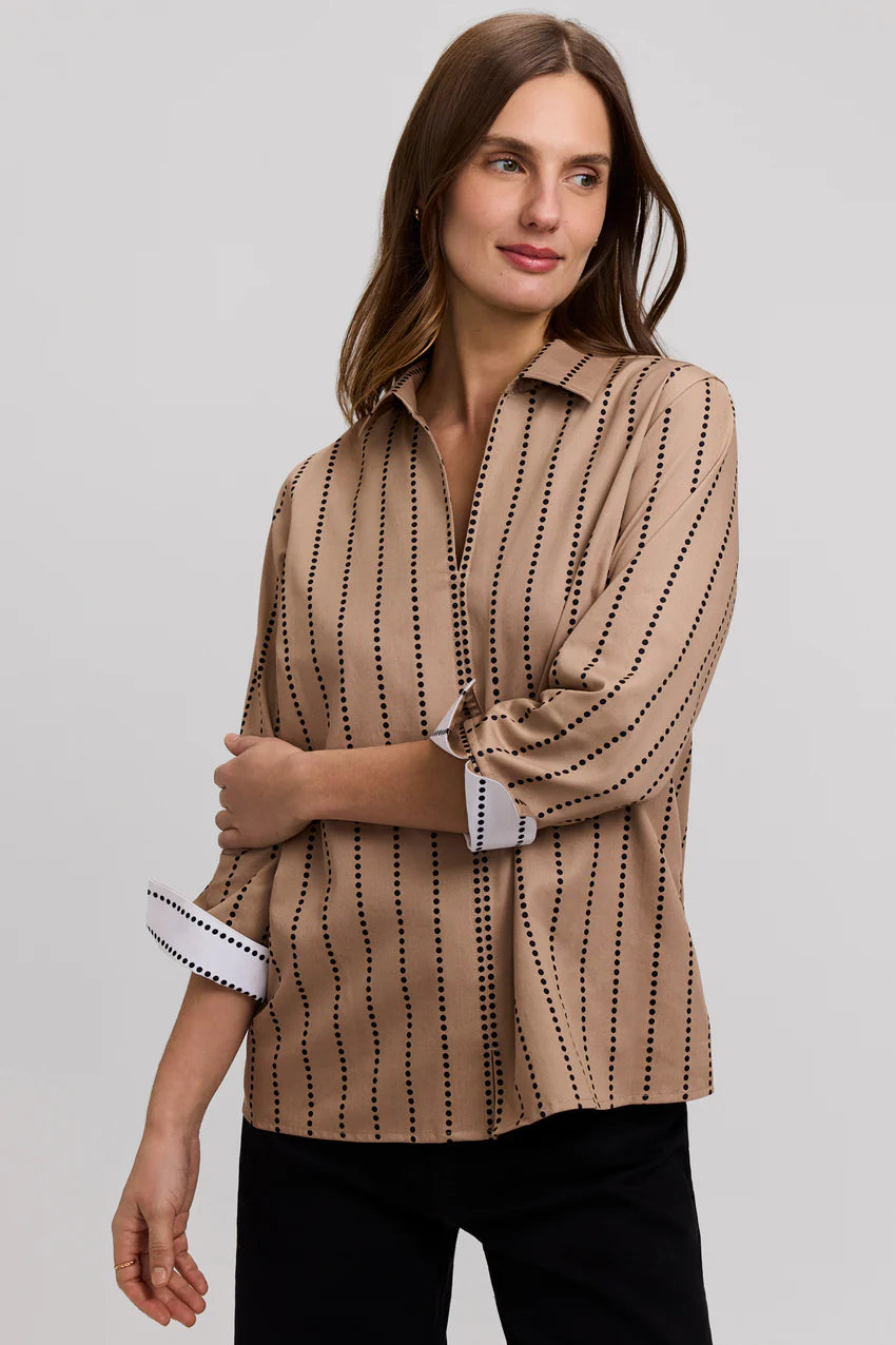 Foxcroft Agnes Almond/ Black Dotted Stripe 3/4 Sleeve Shirt