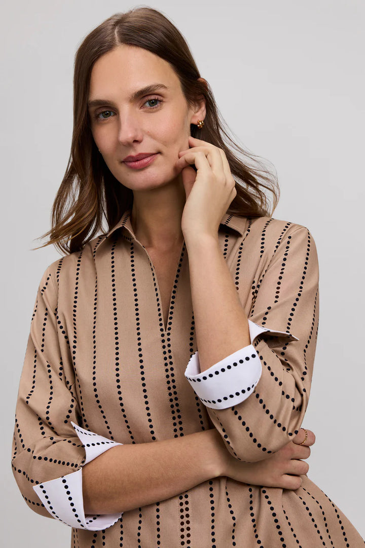 Foxcroft Agnes Almond/ Black Dotted Stripe 3/4 Sleeve Shirt
