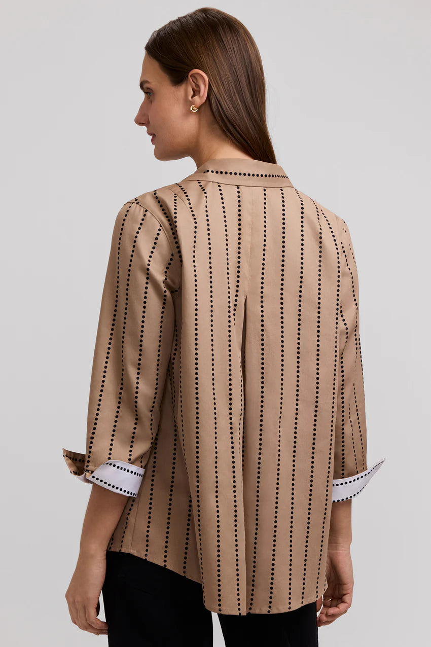 Foxcroft Agnes Almond/ Black Dotted Stripe 3/4 Sleeve Shirt