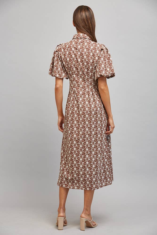 Brown Floral Eyelet Button Down Midi Dress w Cinched Waist