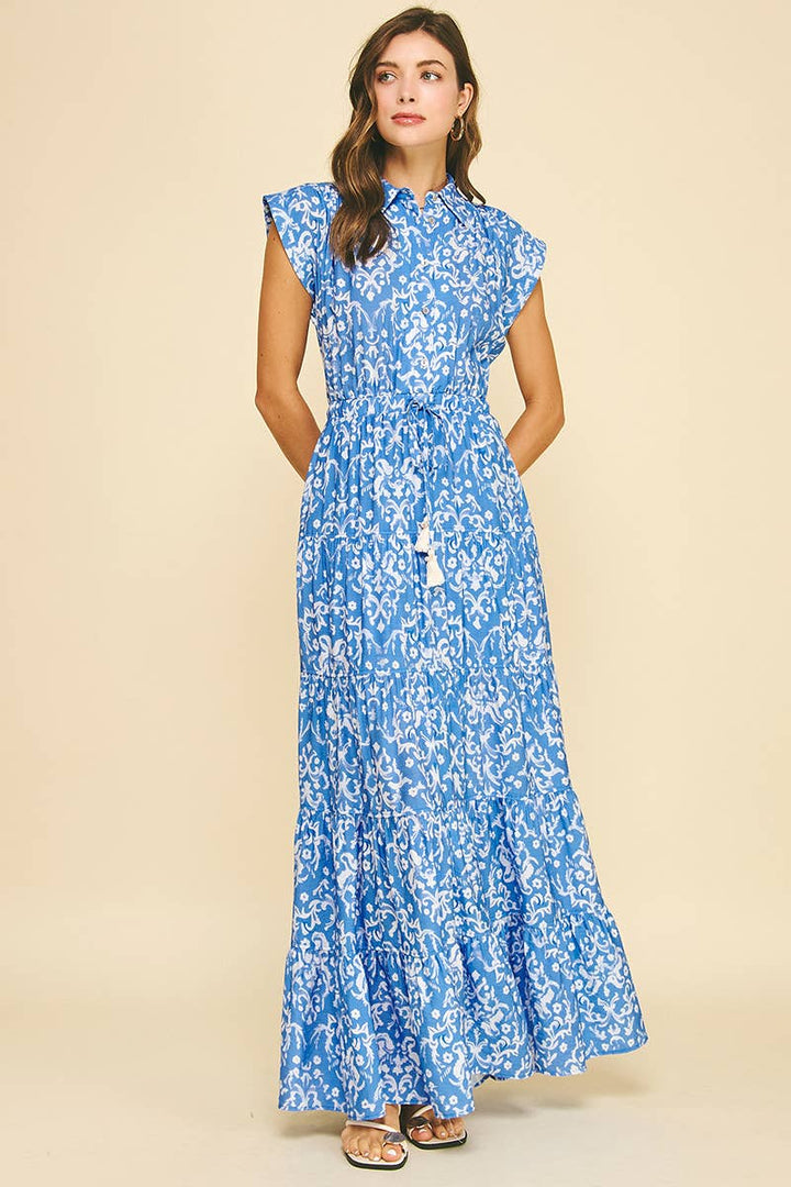Pinch Damask Print Tiered Maxi Dress