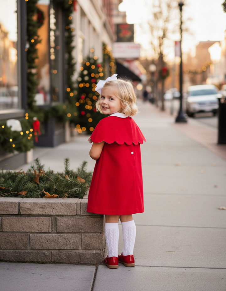 The Capelet Dress in Evelyn - Red Pinwale Corduroy