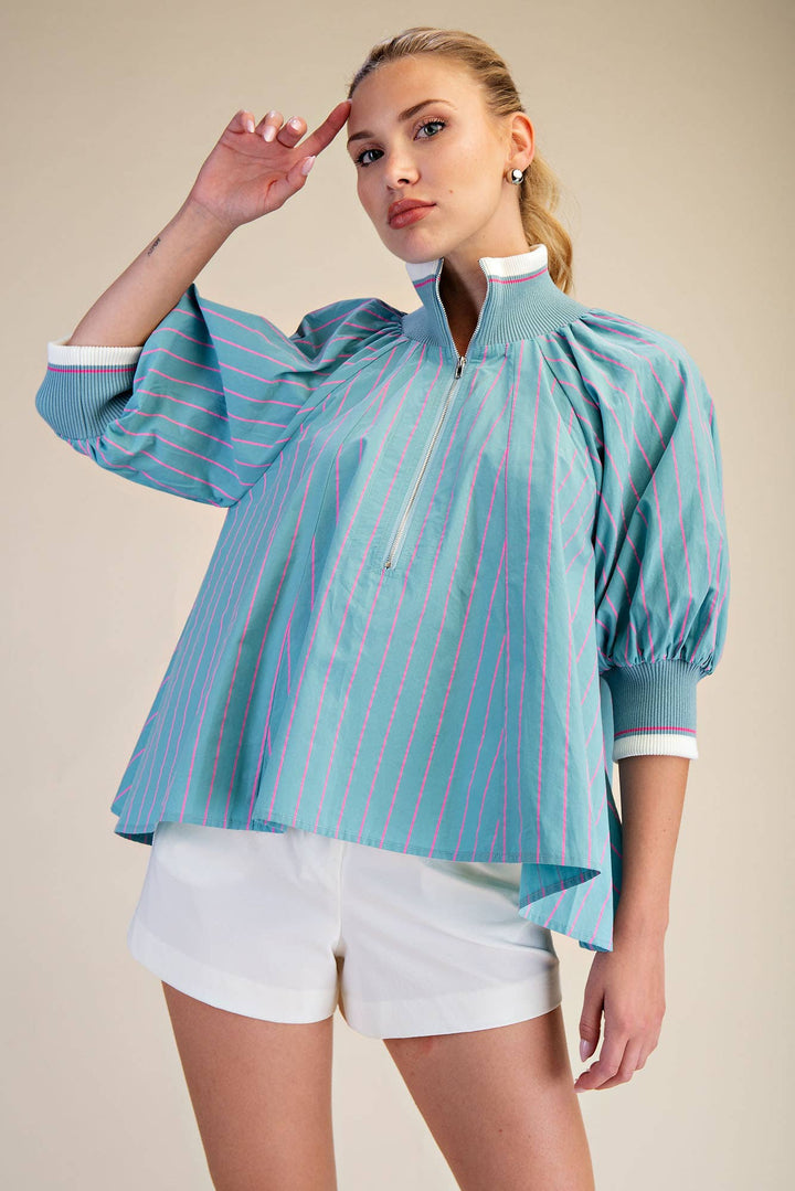 Glam Mint Mock Neck Puff Sleeve Blouse