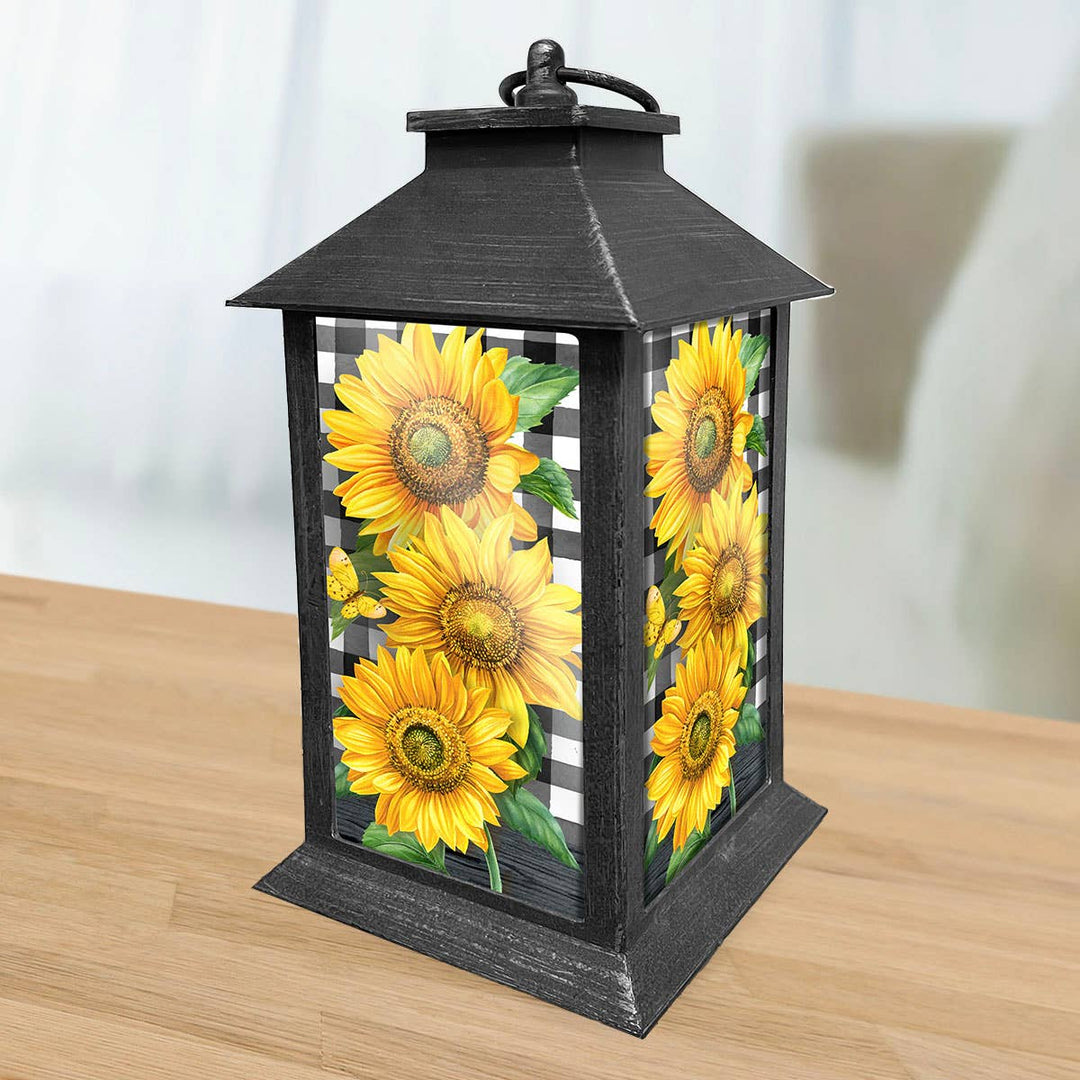 Briarwood Lane Checkered Sunflowers Lantern - 13.5" x 5.5" x 5.5"