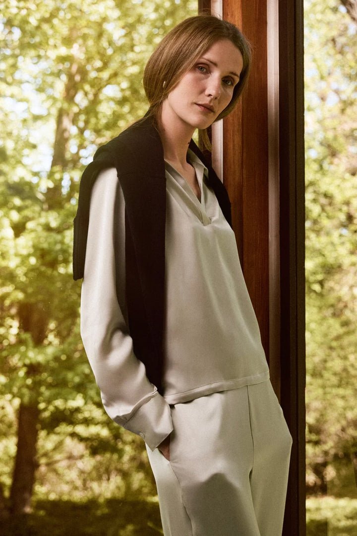 Foxcroft Champagne Talia Beyond Silk Long Sleeve Polo Top