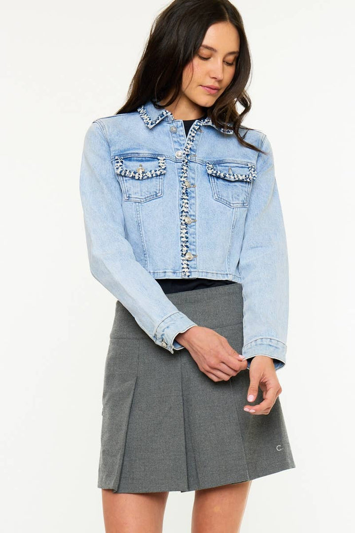 BOUCLE TRIM CROP DENIM JACKET-KC2242L